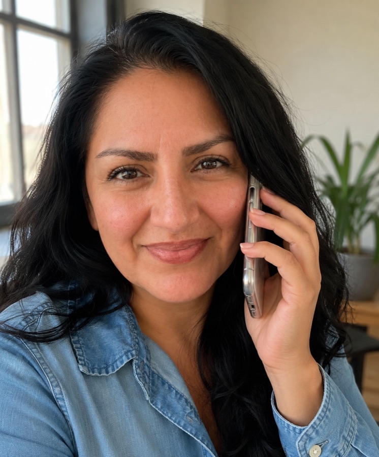Rebeca Gamon, real estate agent in Modesto and Stockton, smiling while on a phone call