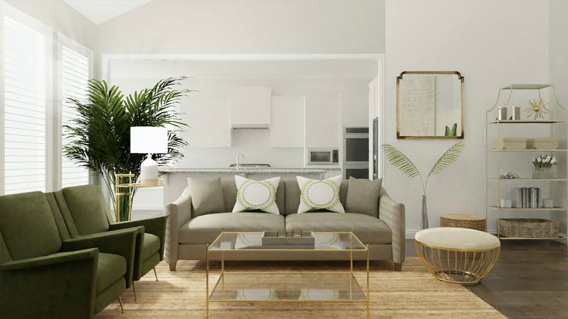 Sala y cocina abiertas con plantas y luz natural